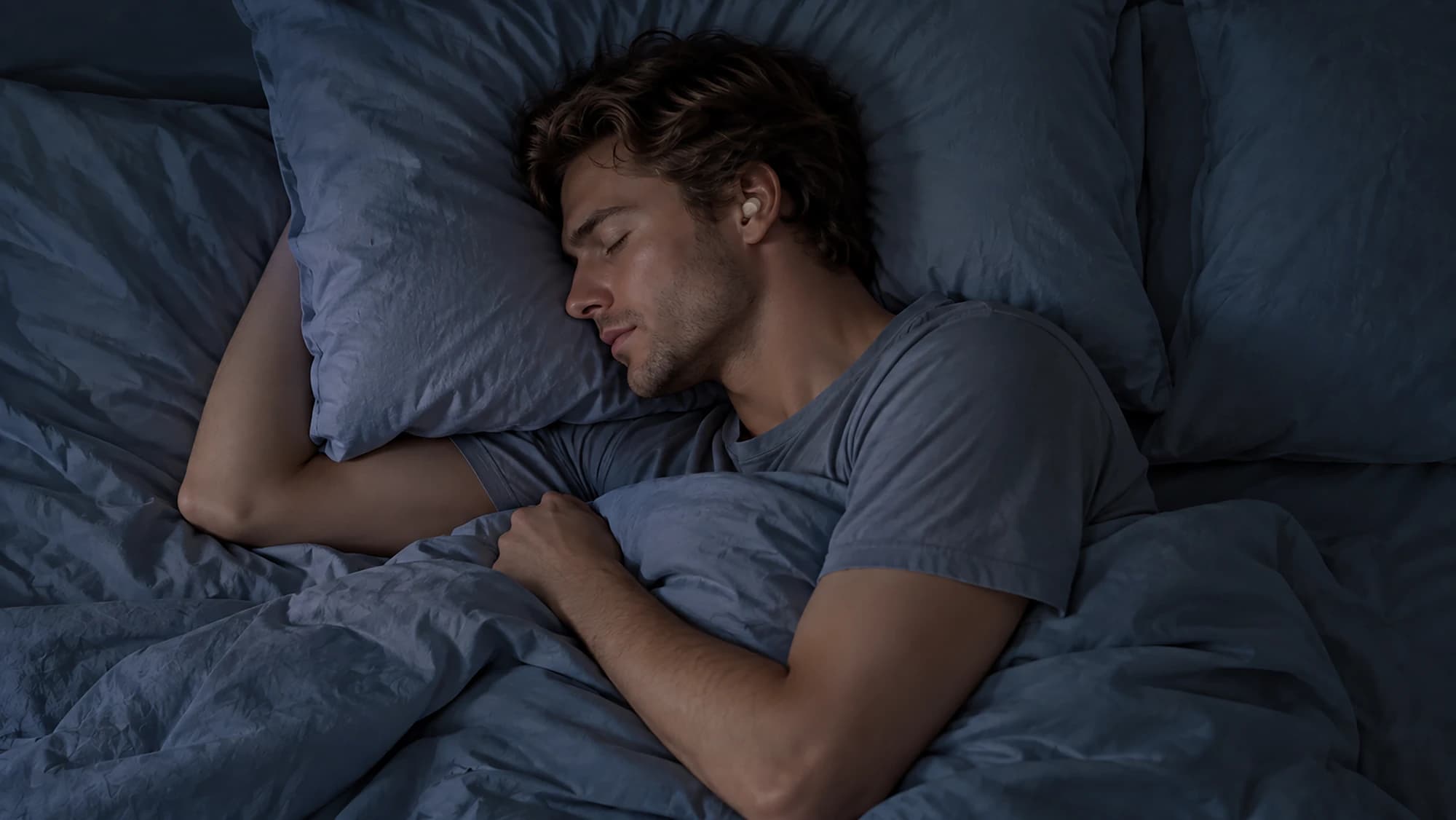 A side sleeper resting comfortably with a sleep earbud
